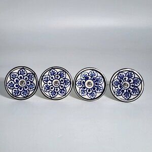 Home Decor Unique Ceramic Knobs Pulls for Kitchen Dresser Blue Floral Lot of 4